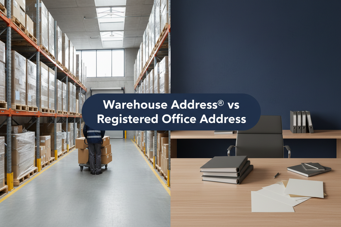 Split comparison showing a modern warehouse and professional office setting, with a banner reading “Warehouse Address® vs Registered Office Address”