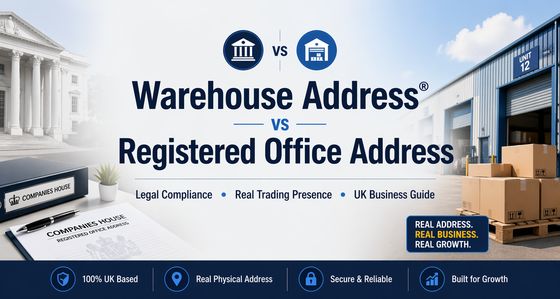 Warehouse Address vs Registered Office Address UK banner showing office compliance and warehouse trading environment comparison