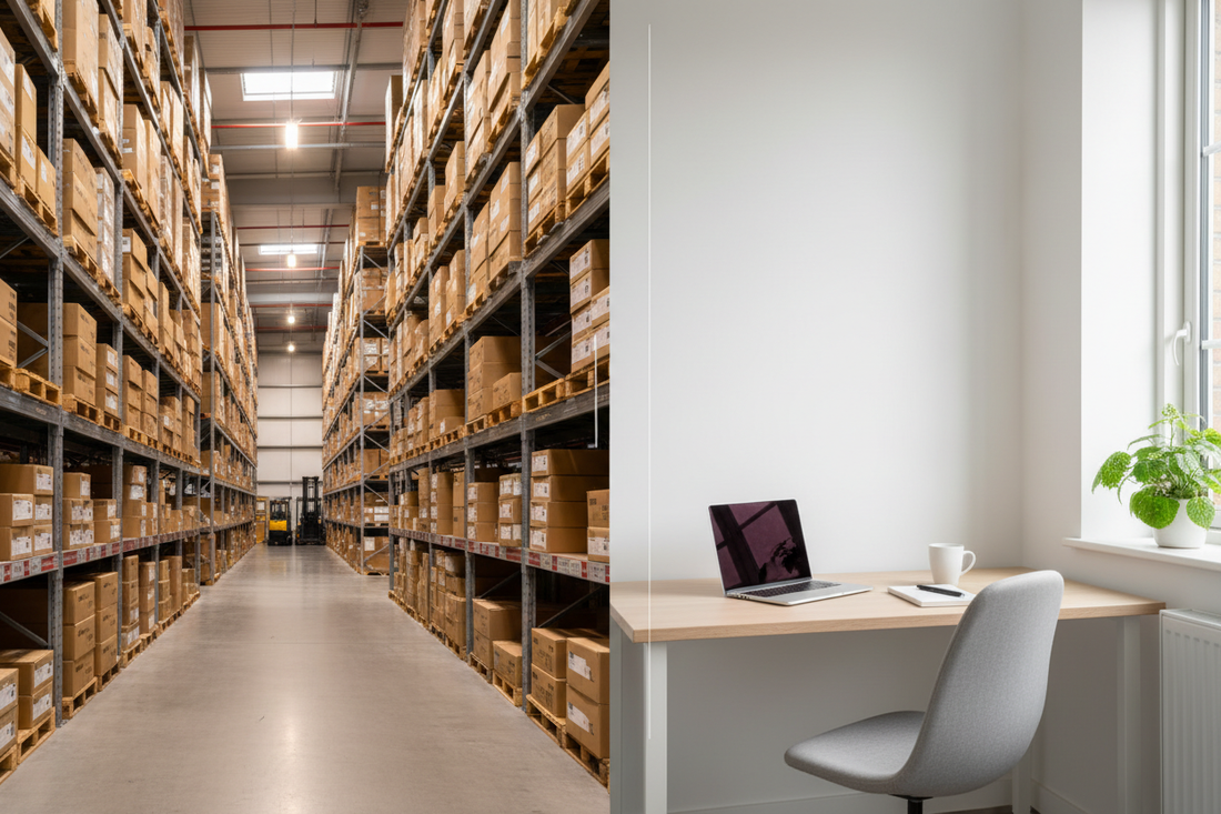 Warehouse interior with parcels on shelving next to a clean home office desk, illustrating the difference between a warehouse address and a virtual office for UK businesses