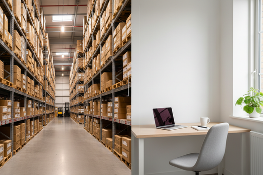 Warehouse interior with parcels on shelving next to a clean home office desk, illustrating the difference between a warehouse address and a virtual office for UK businesses