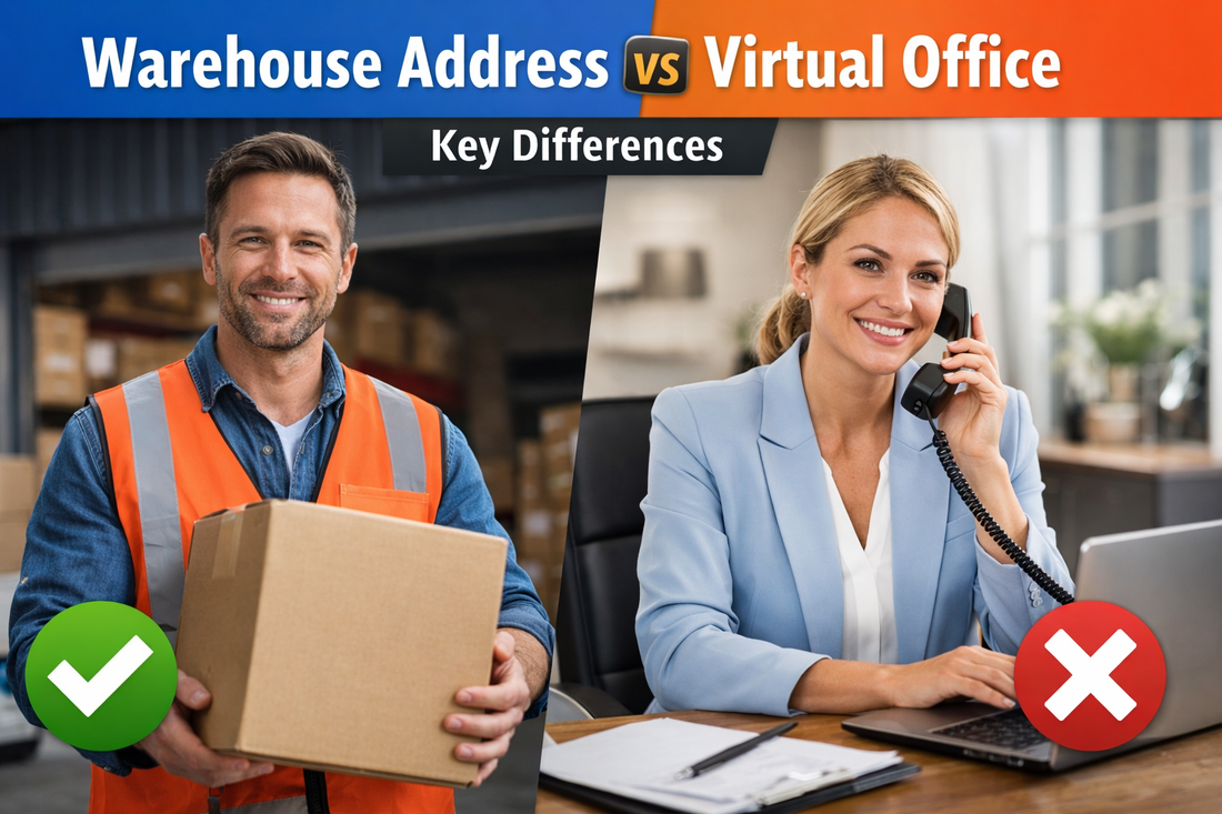 Warehouse address vs virtual office showing key differences for ecommerce sellers