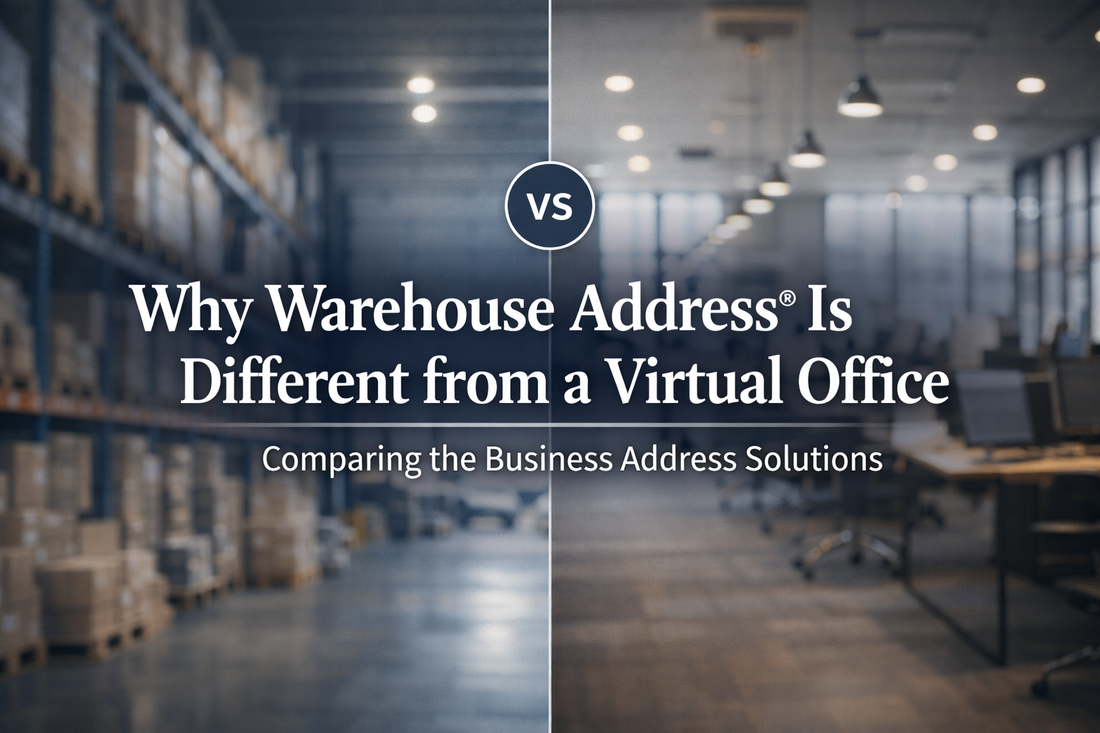 Comparison banner showing warehouse vs office background with centered text “Why Warehouse Address® Is Different from a Virtual Office”