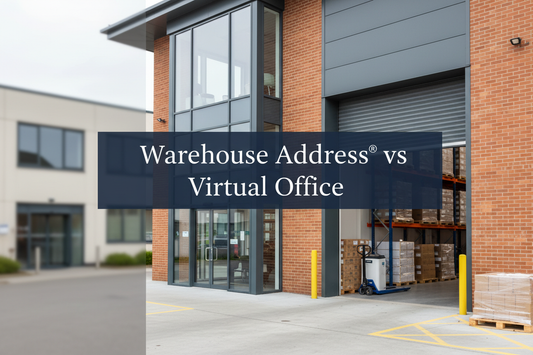 Warehouse Address® versus virtual office comparison showing a modern warehouse entrance and conventional office building