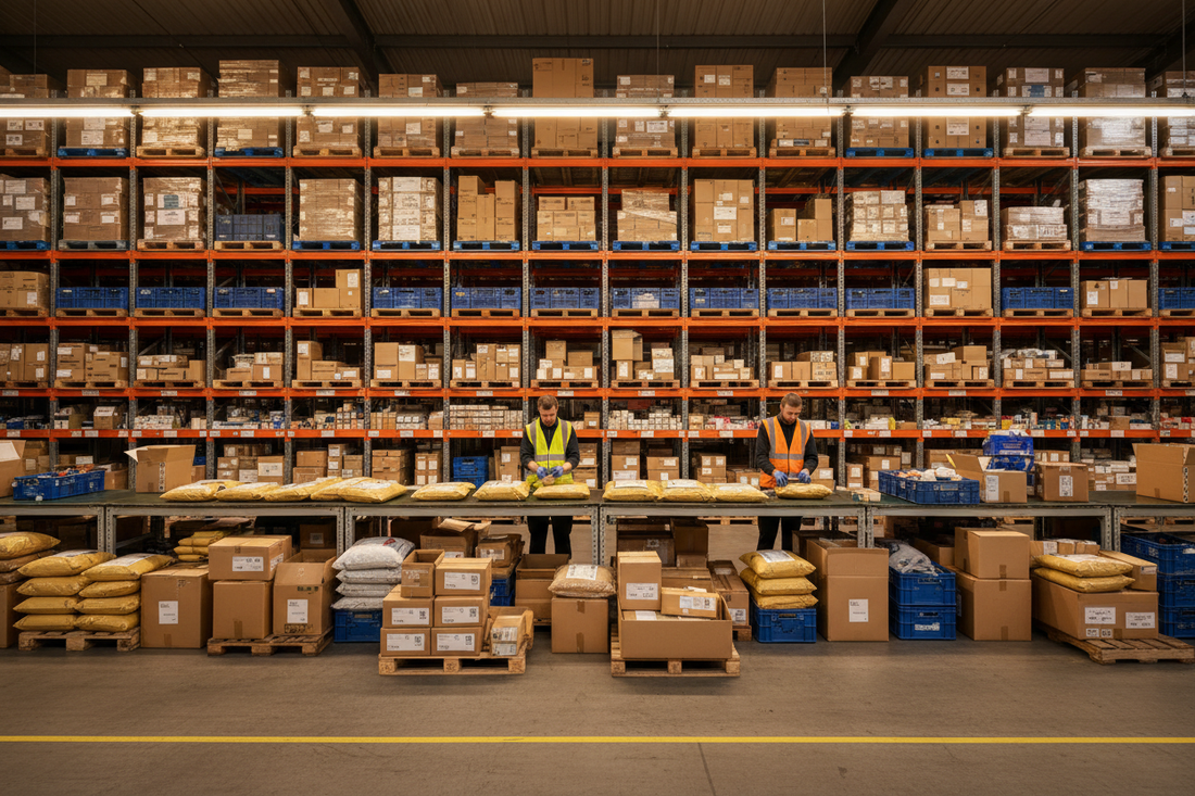 UK warehouse workers processing ecommerce returns and deliveries at a commercial trading estate address