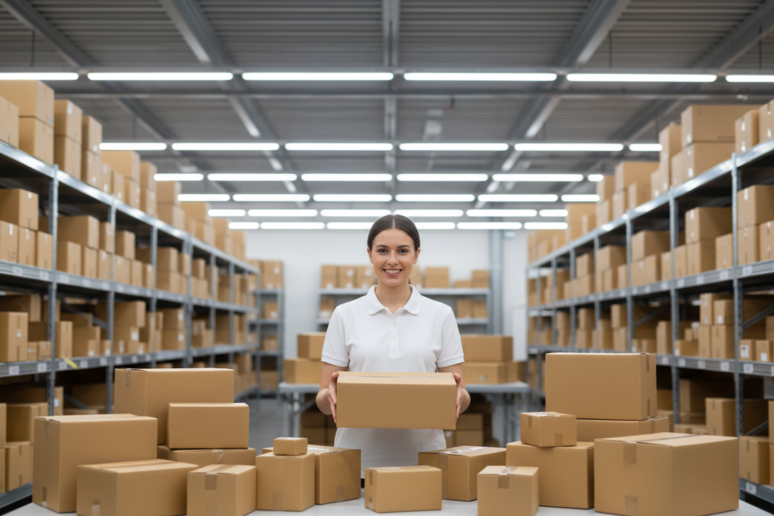 Warehouse worker handing a parcel at a UK commercial returns address