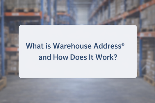 Warehouse Address® guide banner showing a warehouse background with centered text explaining what a warehouse address is and how it works in the UK