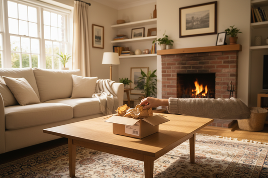 UK buyer unpacking a delivered parcel at home alongside an overseas seller reviewing their TikTok Shop listings, illustrating the expectations UK buyers have from international online sellers