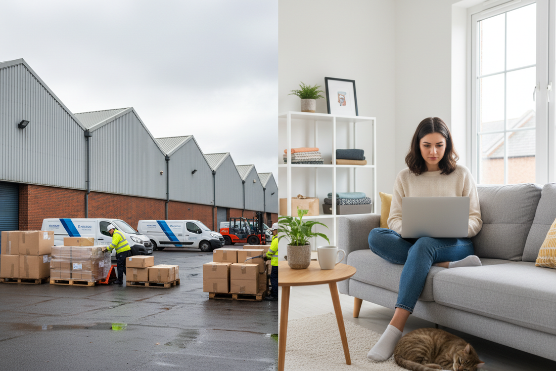 UK warehouse trading estate with courier vans and parcels alongside a person managing an online store from home, illustrating why e-commerce sellers are moving to virtual warehouse addresses