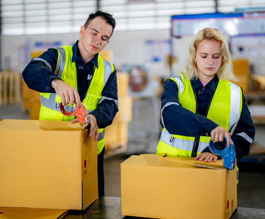 Two workers in a warehouse packaging boxes with tape, wearing high-visibility vests.