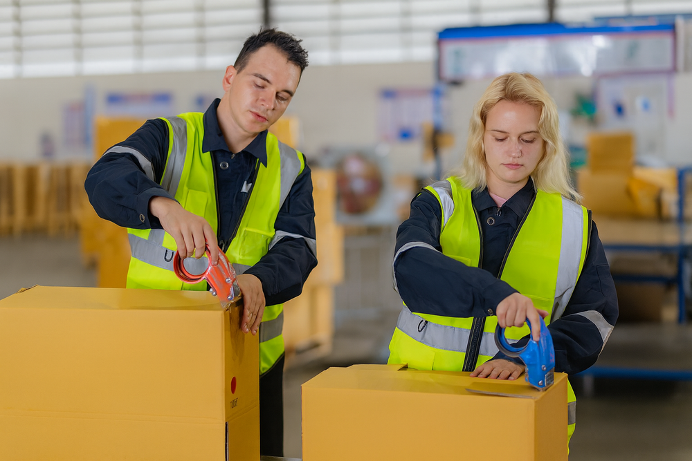 Two workers in high-visibility vests packaging boxes in a warehouse.