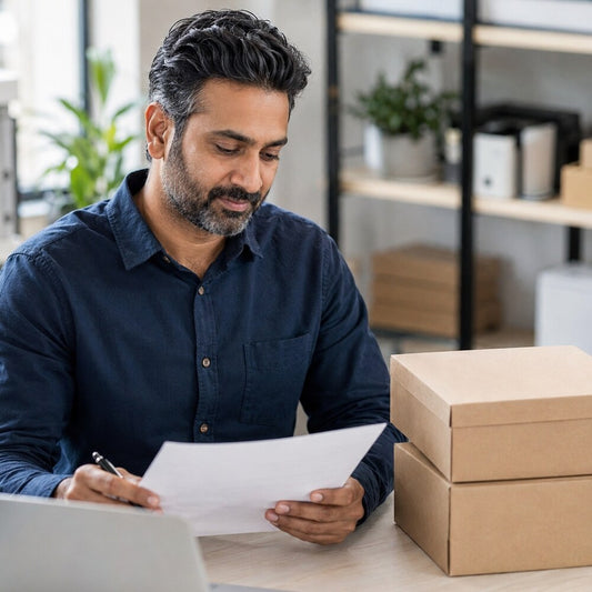 UK limited company owner reviewing business paperwork and parcels using the Warehouse Address Growth Plan