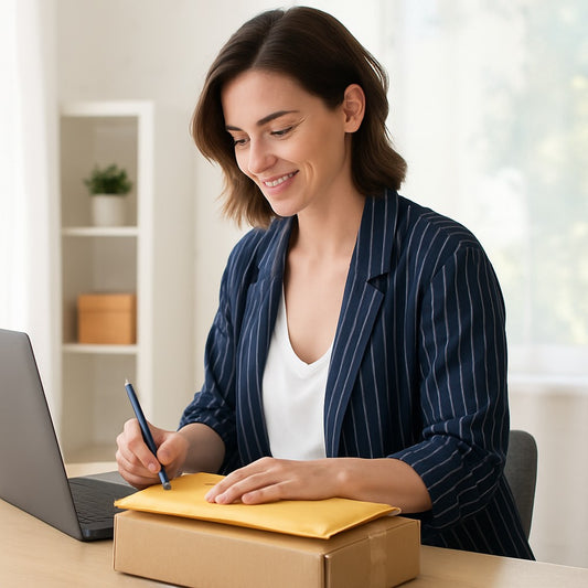 Small business owner preparing parcels at desk for Starter Plan.