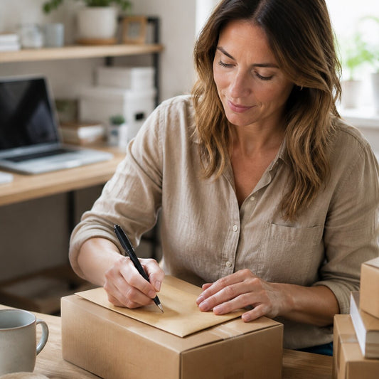 UK sole trader preparing a business parcel from a home office using the Warehouse Address Starter Plan