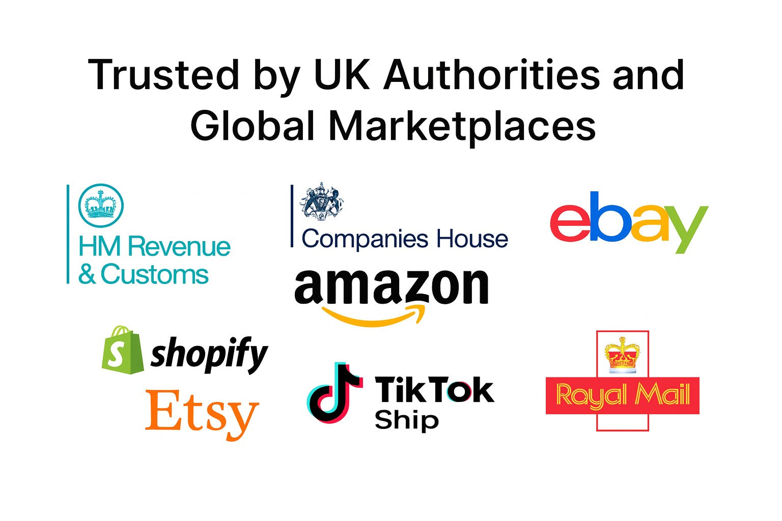 Trusted by UK Authorities and Global Marketplaces including HMRC, Companies House, Amazon, eBay, Shopify, Etsy, TikTok Shop, and Royal Mail.