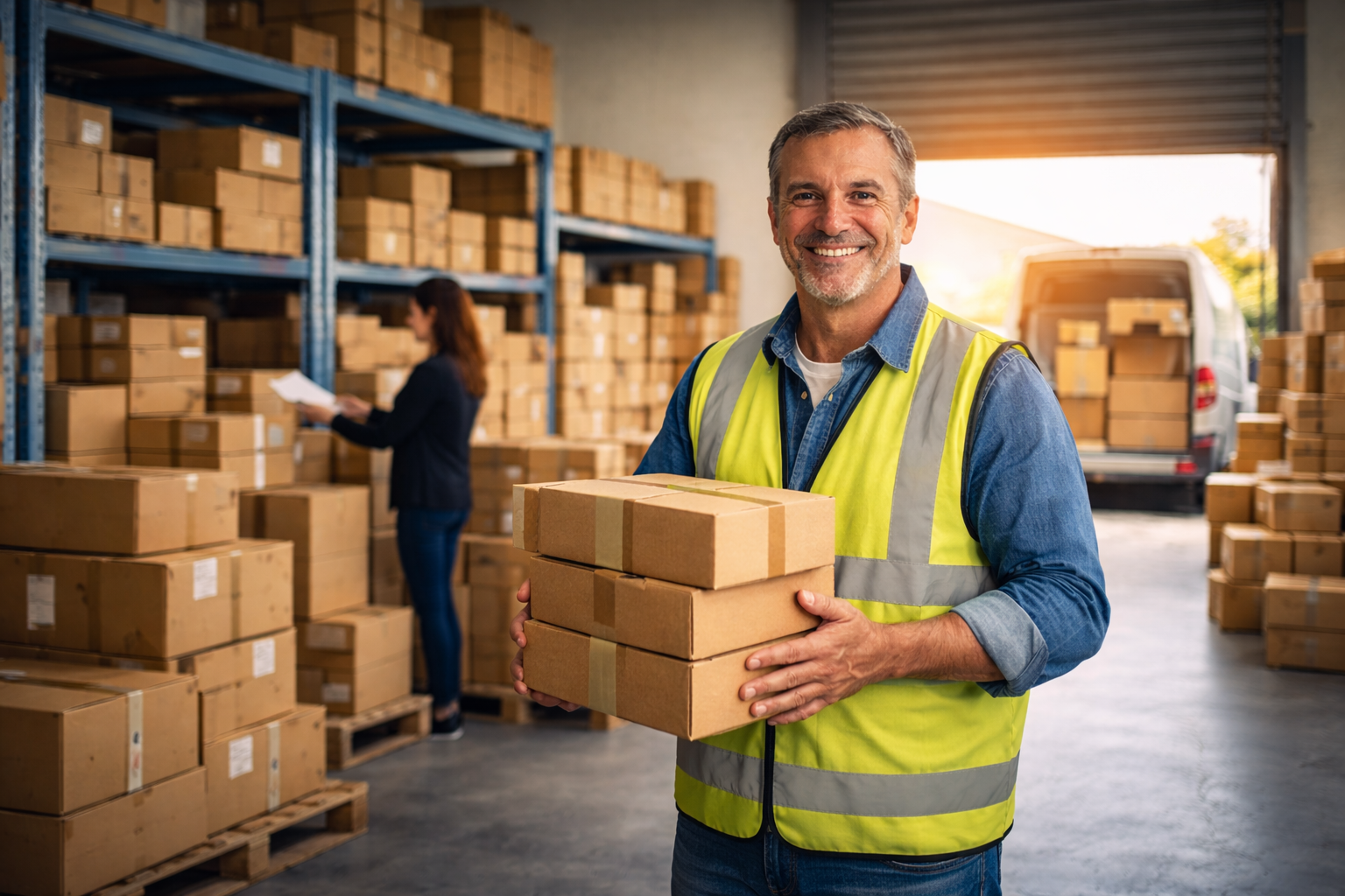 Calm warehouse owner in an organised warehouse holding parcels, representing low-effort extra income from a business address