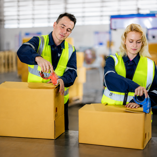 Warehouse staff packing parcels for global fulfilment, storage and returns services