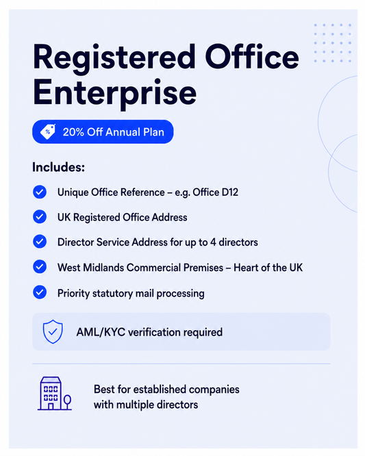 UK Registered Office Enterprise Plan with Unique Office Reference and Director Service Address