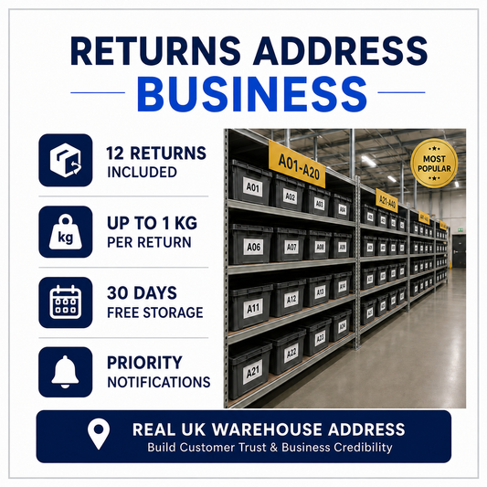Returns Address Business plan with real UK warehouse address, labelled storage bins and 12 returns included