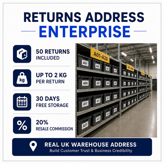 Returns Address Enterprise plan with real UK warehouse, 50 returns and stock resale service