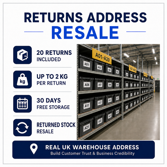 Returns Address Resale plan with UK warehouse storage bins and returned stock resale service