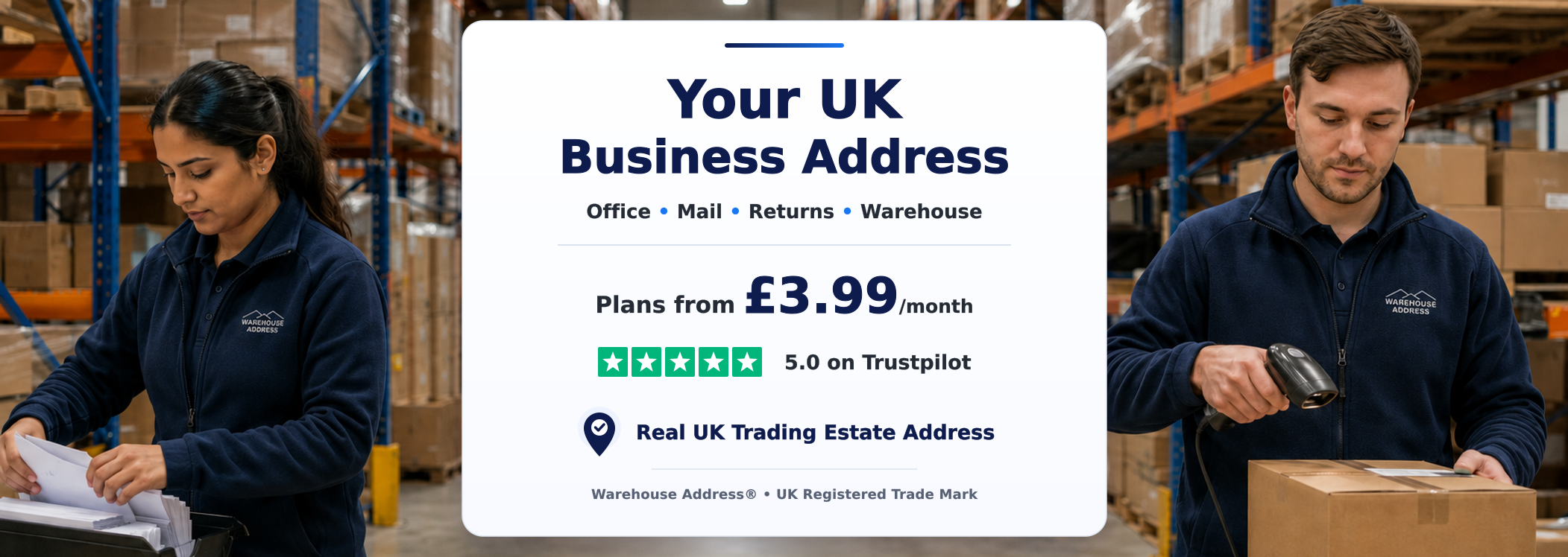 UK business address services for office, mail, returns and warehousing, with plans from £3.99 per month