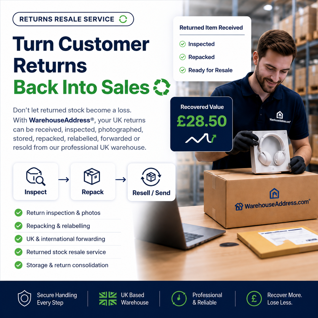 Returns resale service at a UK warehouse with inspection, repacking, relabelling, forwarding and returned stock resale.