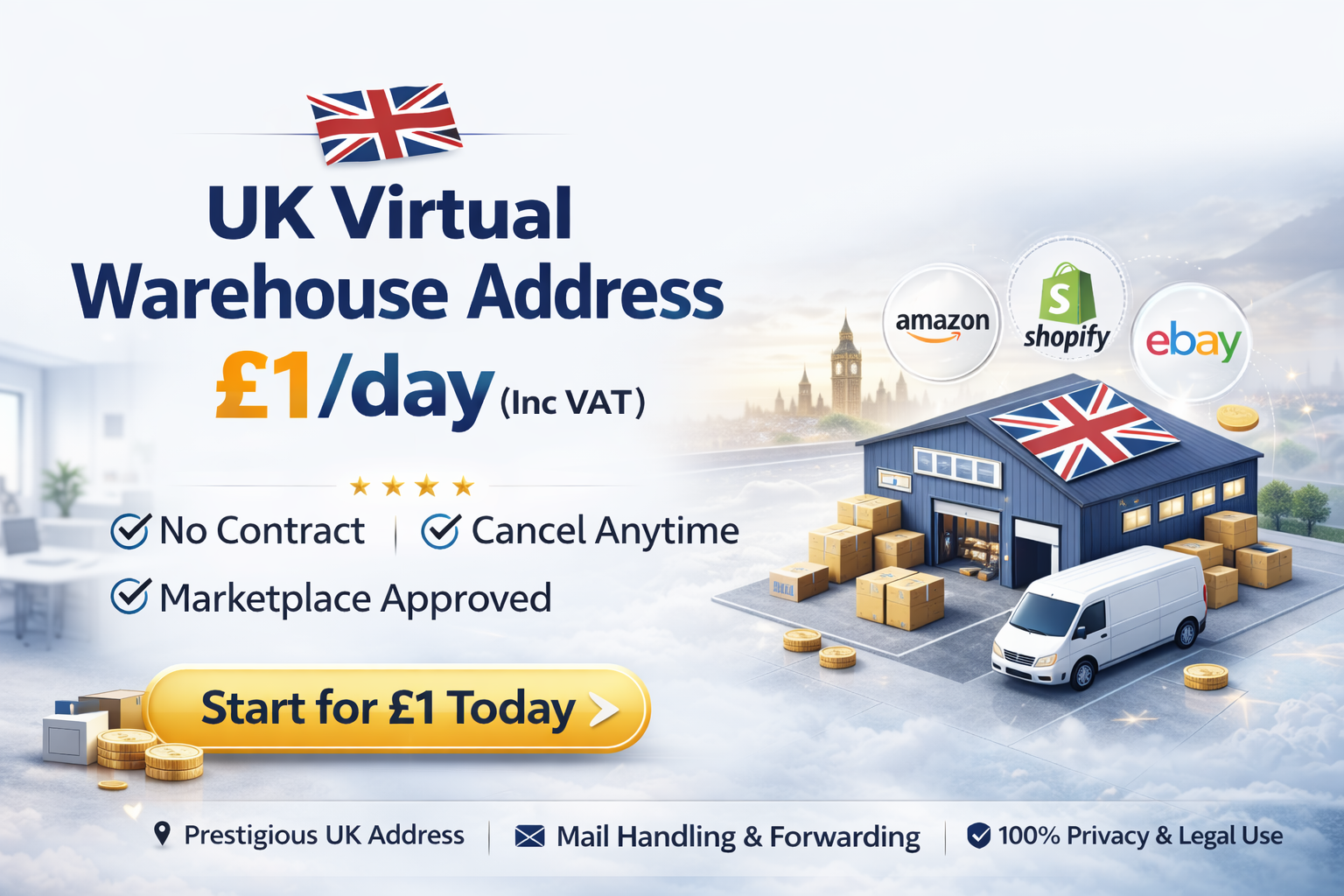 UK Virtual Warehouse Address banner showing professional warehouse building, £1 per day pricing, no contract, cancel anytime, marketplace approved for Amazon, Shopify and eBay sellers.