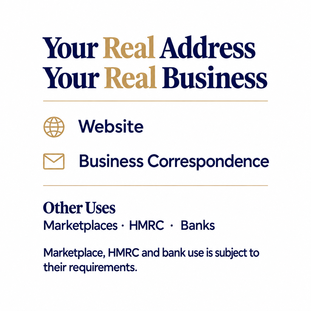 Your Real Address, Your Real Business: address use for websites and business correspondence. Marketplace, HMRC and bank use is subject to their requirements.